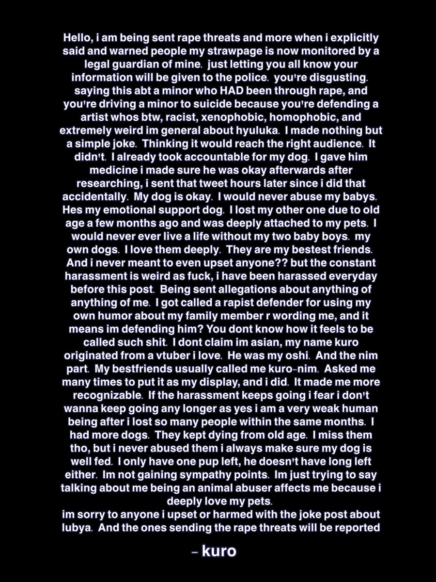 starsfallingsky's tweet photo. you disgusting fucks are harassing a 14 year old kid over a stupid joke. i genuinely dont get where people think it’s okay to send rape threats to people over ANYTHING. leave kuro alone. https://t.co/i5TONRyzwT