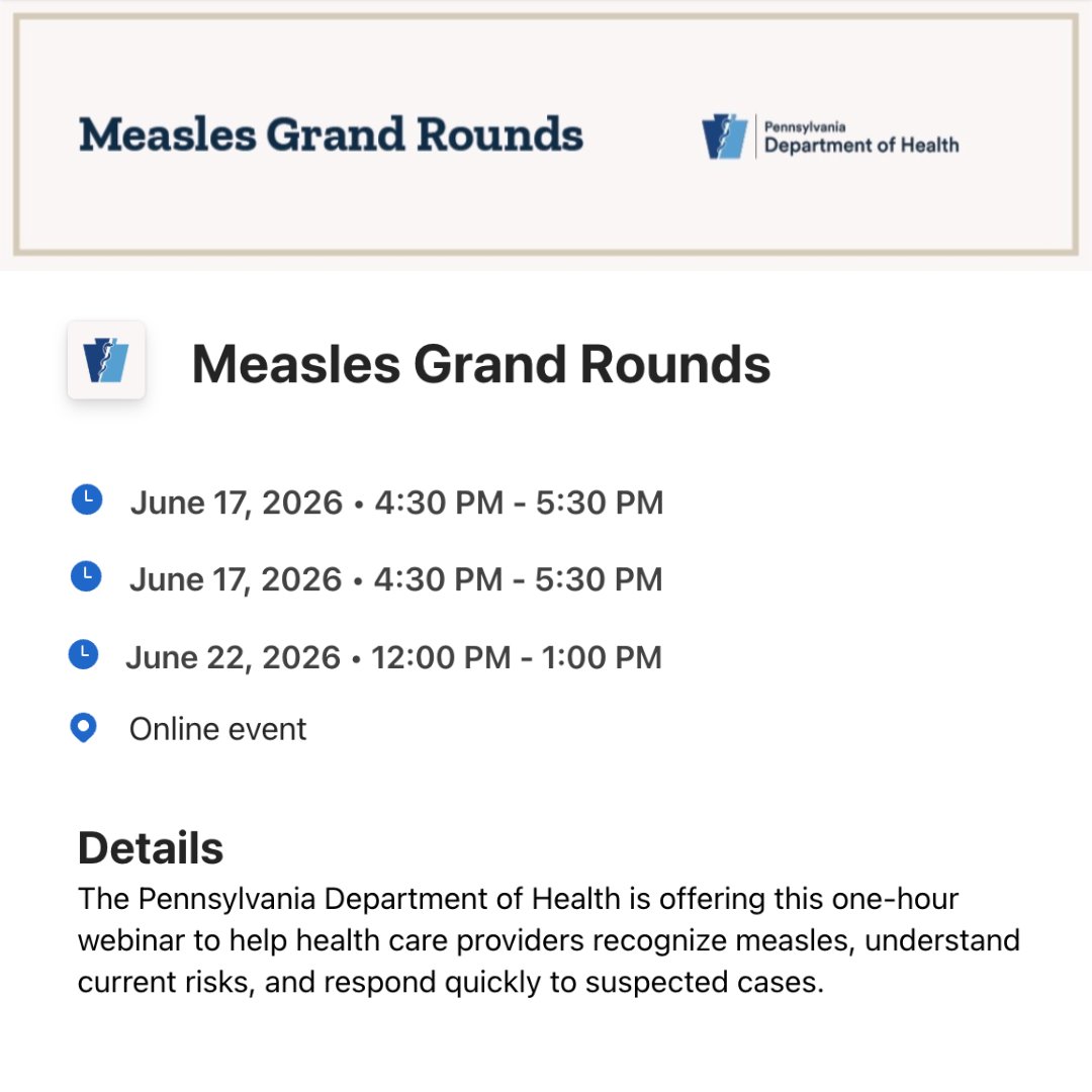 PCNP_News's tweet photo. With measles cases continuing to emerge in parts of PA, it's important for health care providers to stay informed.

The PA Dept. of Health is offering a free virtual webinar to help providers understand current risks and respond to suspected cases. https://t.co/pDUrQniWWU