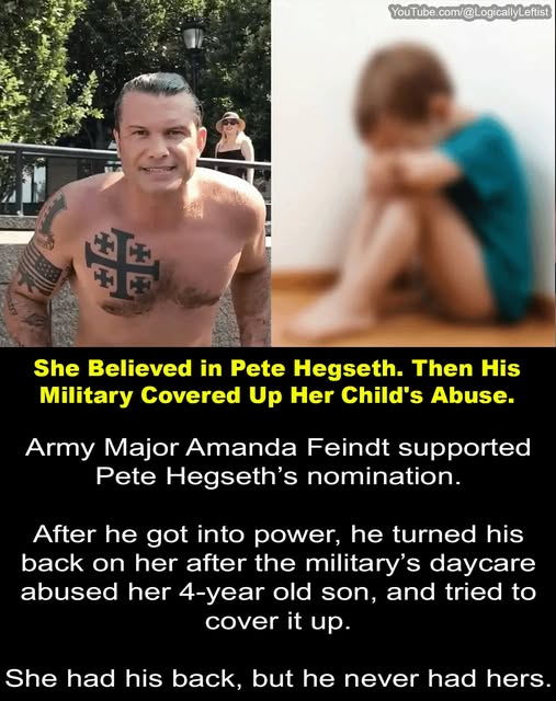 JamesTate121's tweet photo. Army Major Amanda Feindt wrote a letter supporting Pete Hegseth and sat in the fourth row of his confirmation hearing. That same day, her 4-year-old son was being abused at his Army daycare on Fort Belvoir.
For fifteen months, the military said it didn't meet the criteria for abuse. Then a civilian county agency looked at the same evidence and substantiated it in one pass.
This is how the military's in-house abuse system is built to protect itself — and what it cost a whistleblower who already survived the Red Hill water poisoning.
Watch: https://t.co/7izGe2fQEG
