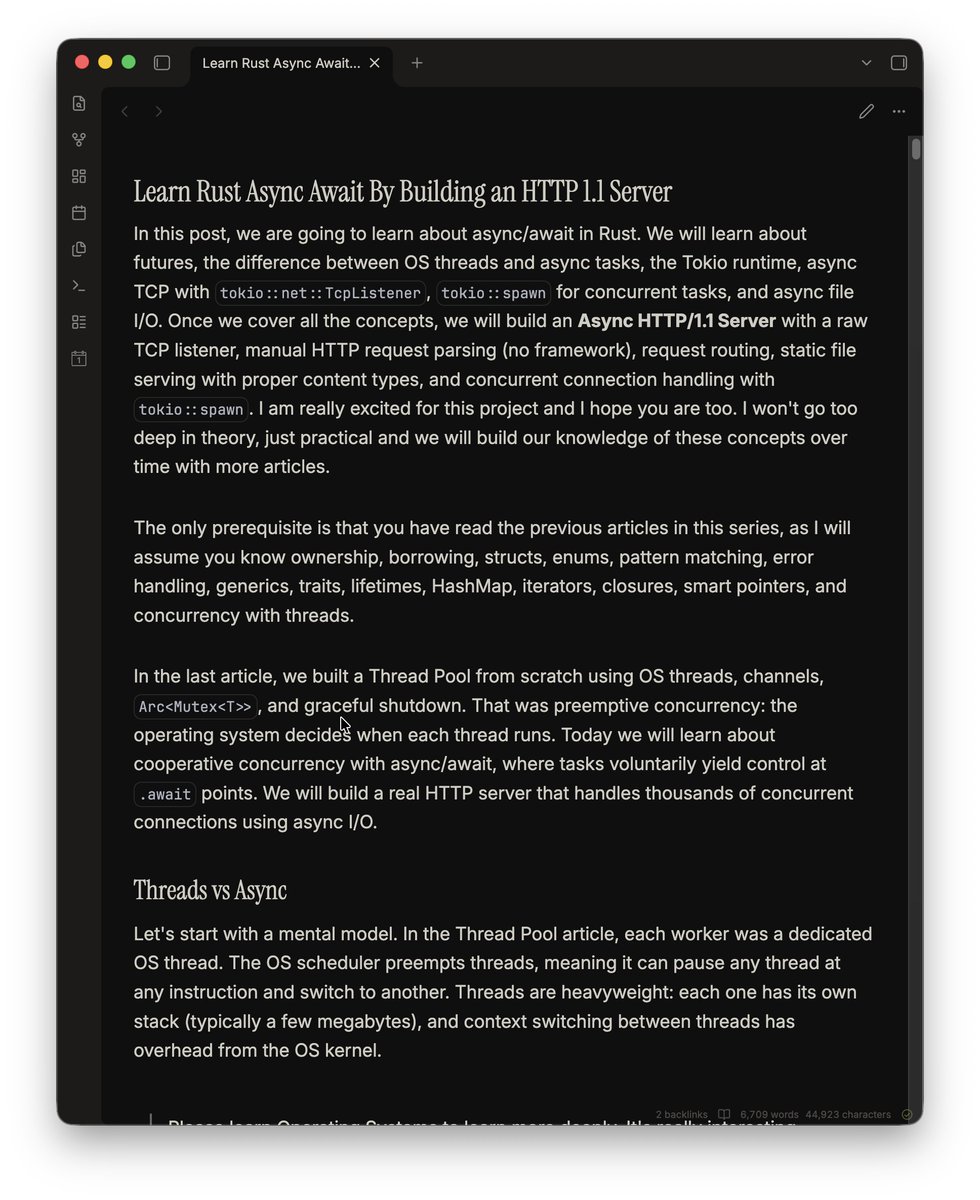 sheerluck_io's tweet photo. Next article in Rust series covers Async/Await by Building a HTTP 1.1 Server from Scratch in Rust

It's a long one but very interesting too.

Publishing tomorrow.