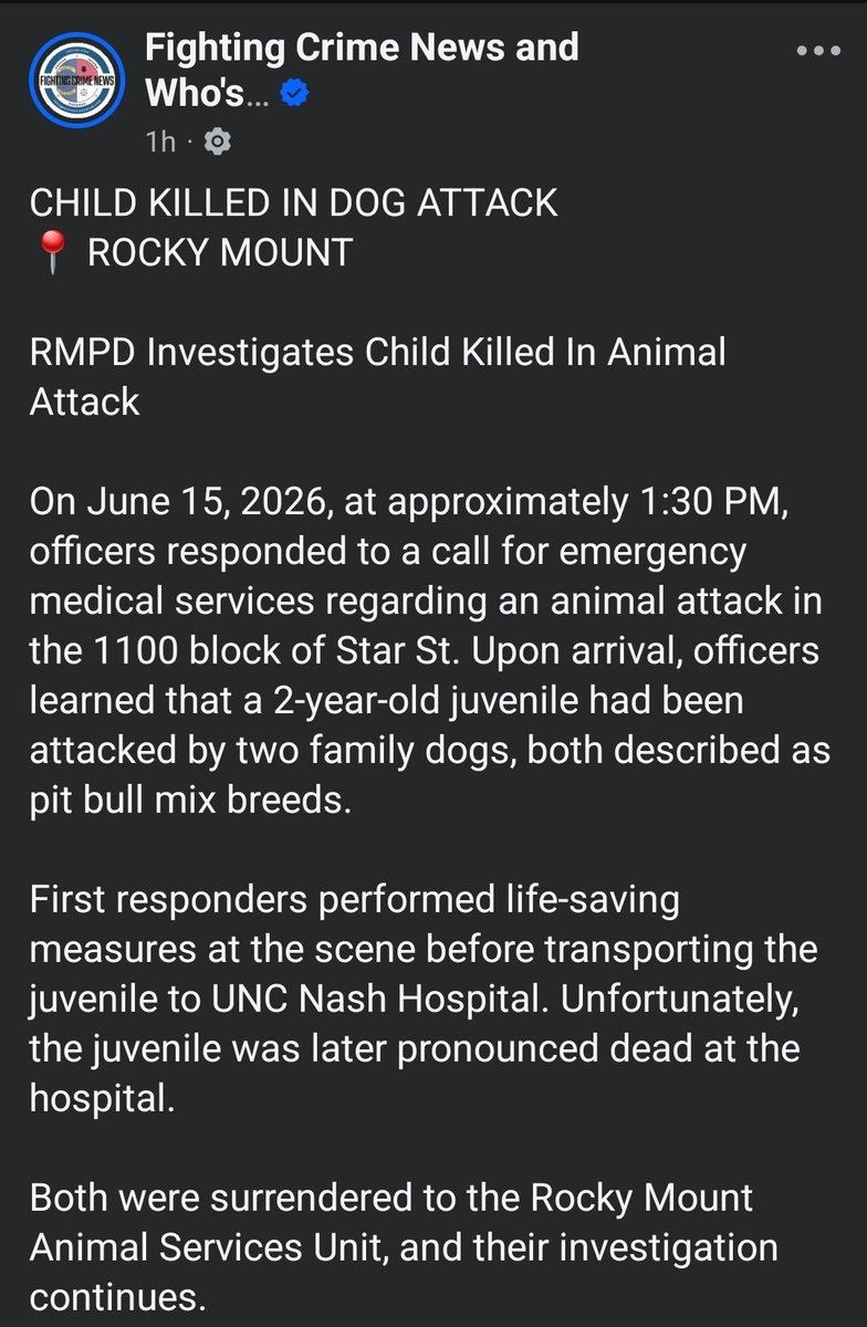 by_pets's tweet photo. BREAKING NEWS
DOG BITE RELATED FATALITY 📢📢

2 year old child killed by two family pit bull mixes. North Carolina. https://t.co/jZrtNiunPH
