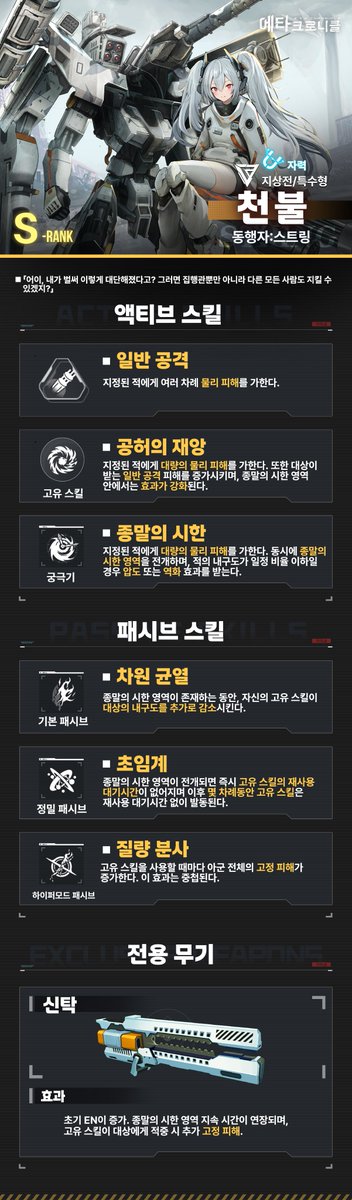 ETEchronicle's tweet photo. 📢 [기체 정보] S급 에타 & 하이퍼모드 공개!
⚔️ <스트링 · 아마타 · 천불> ⚔️
「어이, 내가 벌써 이렇게 대단해졌다고?
그러면 집행관뿐만 아니라 다른 모든 사람도 지킬 수 있겠지?」

——메카 프로필——
✨ 하이퍼모드명: 천불
✨ 기체명: 아마타
✨ 지형 적응: 지상전 / 특수형
✨ 속성: 자력
✨ 동행자: 스트링
✨ 성우: 타무라 유카리
✨ 전용 무기: 신탁
작은 몸에 담긴 거대한 용기,
그리�� 모두를 지키고 싶다는 올곧은 의지.

아마타는 강력한 물리 피해와 특수 영역 전개로 적을 압박하는 S급 에타입니다.
고유 스킬로 대상이 받는 일반 공격 피해를 증가시키고,
궁극기 「종말의 시한」으로 전장을 자신의 영역으로 바꿔
적에게 압도적인 전투 압박을 선사합니다.
종말의 시한 영역, 고정 피해, 재사용 대기시간 제거까지.
스트링은 서툴지만 누구보다 진심 어린 마음으로
집행관님과 모두를 지키기 위한 힘을 증명합니다.

작지만 강한 결의—
그 용기가 전장의 흐름을 뒤집습니다.
#에타크로니클 #ETEChronicle #아마타
#스트링 #천불 #신탁
#메카소녀 #모바일게임 #메카액션
#S급에타 #특수형 #지상전 #자력