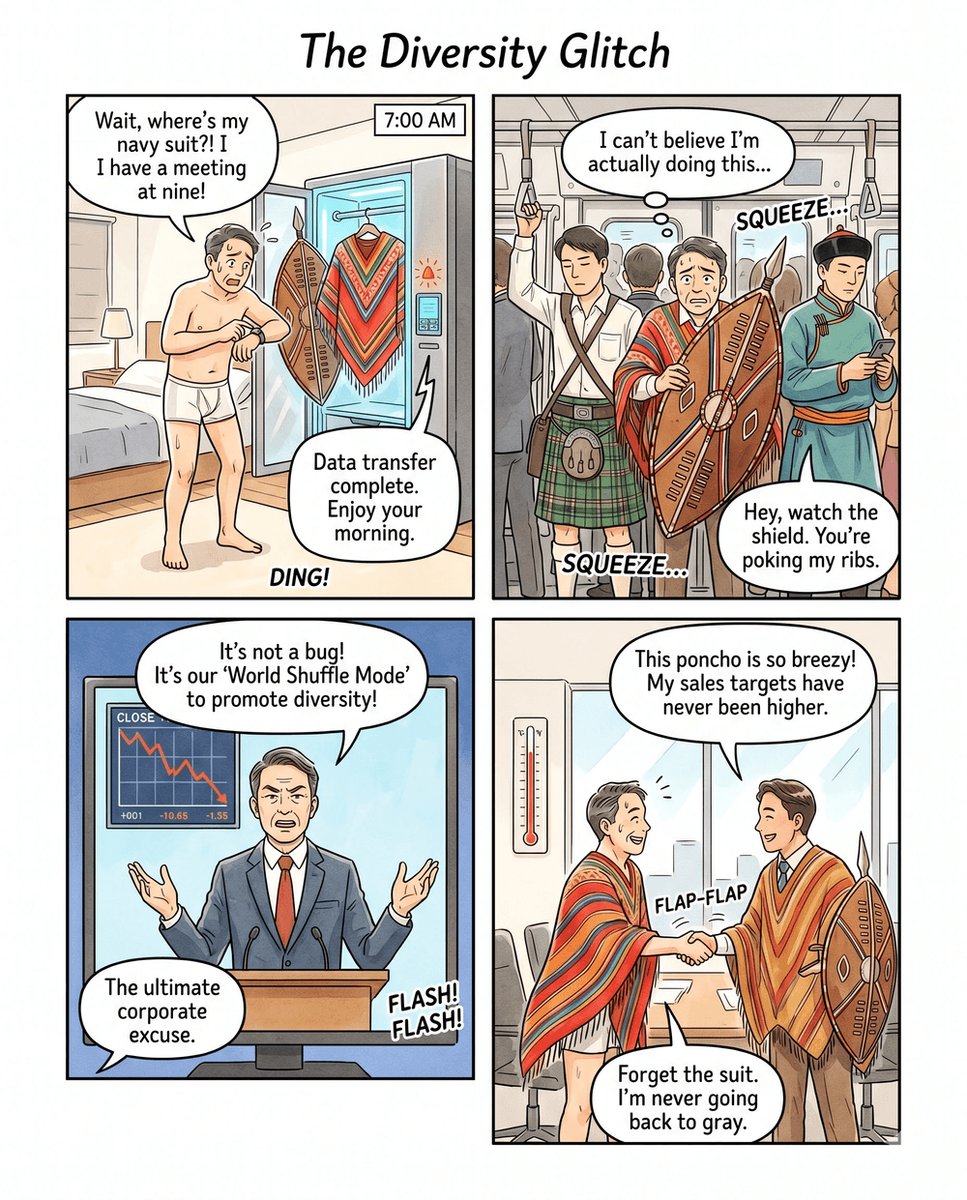 AltAndPaperEN's tweet photo. Smart Closet Bug: Commuters in Maasai Shields
A clothing download glitch turns morning trains into World Expos.
#AltAndPaperEN #SmartCloset #WorldExpo #ShortComic https://t.co/7hfzp2ERK2