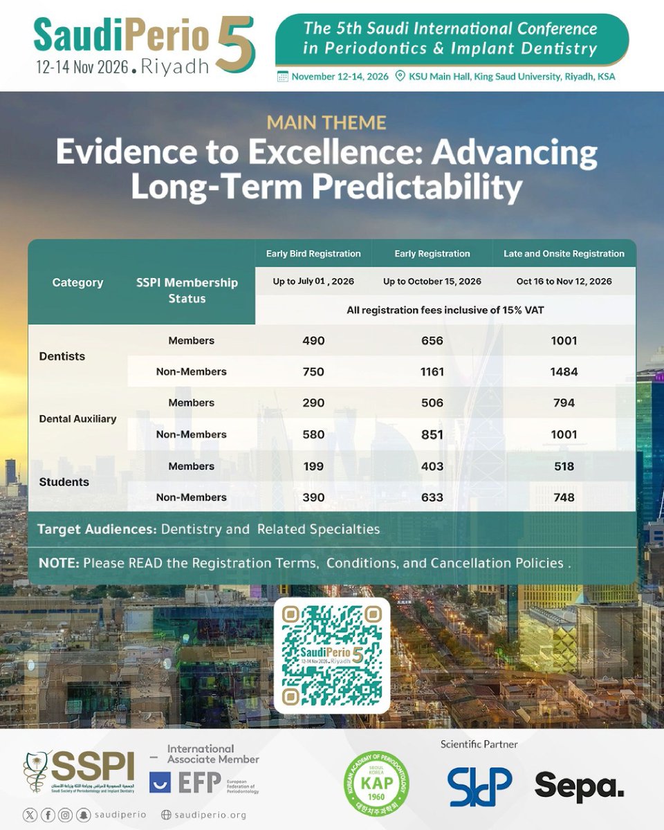 saudiperio's tweet photo. Join #SaudiPerio5

🔬 Evidence to Excellence
📅 12-14 Nov 2026
📍 KSU Main Hall, Riyadh
⏳ Early Bird ends July 01!
📣 Only 15 days left! Secure your spot today 
🔗 https://t.co/ayAkGoCi0C 

#Periodontics #ImplantDentistry https://t.co/RNMyl9o9hC