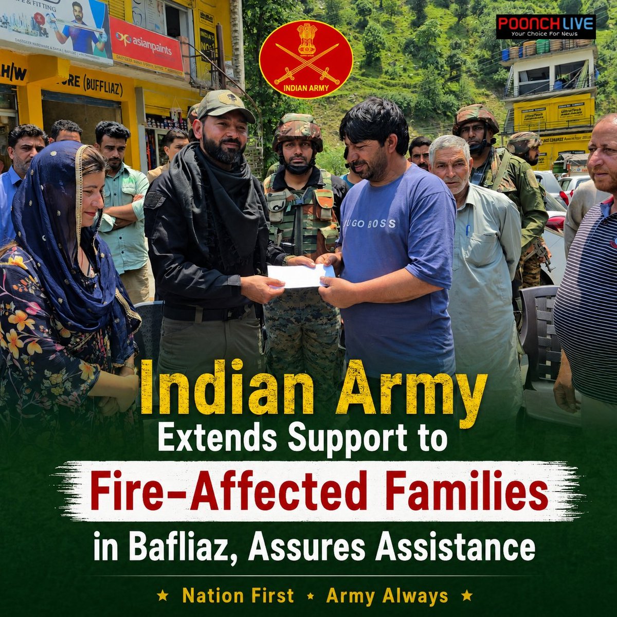 Poonchlive's tweet photo. Poonch: Indian Army Extends Support to Fire-Affected Families in Bafliaz, Assures Assistance https://t.co/gnLLxZKeAo