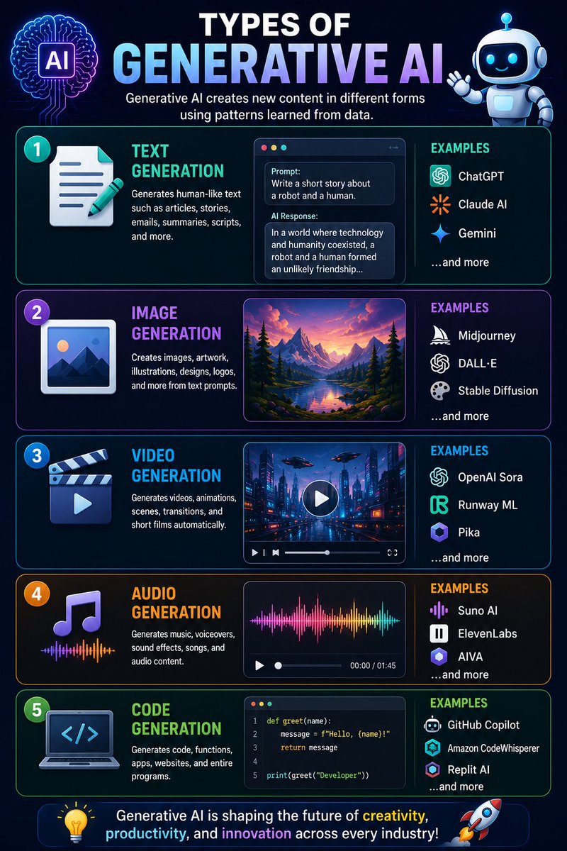 AlfanTashildar's tweet photo. Types of Generative AI
📝 Text Generation
🖼 Image Generation
🎥 Video Generation
🎵 Audio Generation
💻 Code Generation
#AI #specex #X https://t.co/sc7E8WSZsu