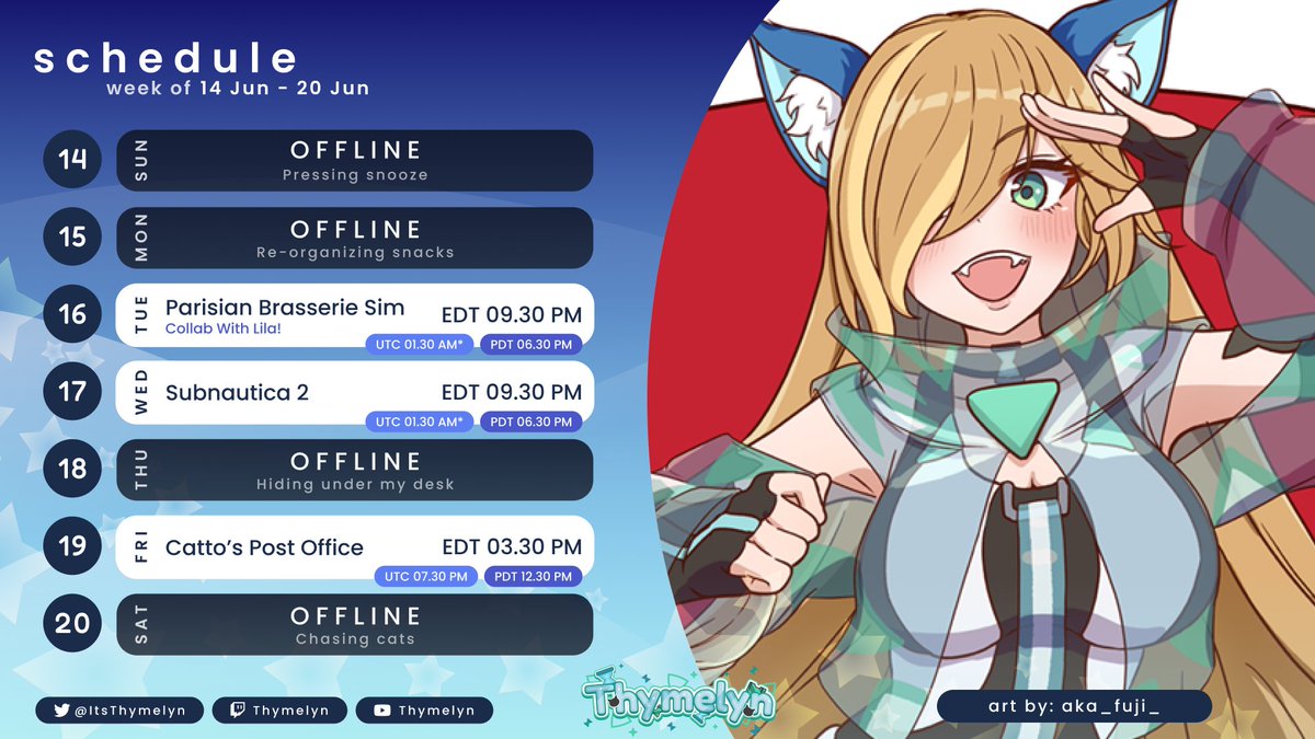 ItsThymelyn's tweet photo. We've got an exciting stream schedule this week~!

Tuesday (Tonight): Parisian Brasserie Sim with LilaoftheWind
Wednesday: Subnautica 2
Friday: Catto's Post Office (We played a cozy post office demo last week and now I crave another.)

Hope to see you there!
#ENVtuber #Vtuber https://t.co/0Rp44WGjjj