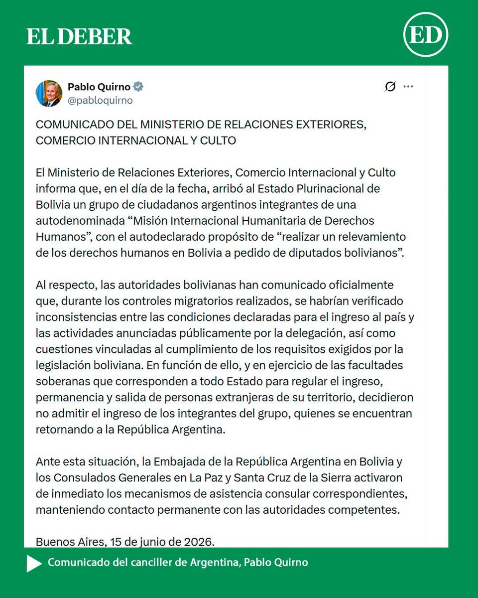 jossephvargas's tweet photo. @agarra_pala @JMilei El diplomático argentino fue claro, son AUTODENOMINADOS que no son parte de una organización ACREDITADA a DD. HH. Por lo tanto, su presencia está considerado como una injerencia política en favor de organizaciones subversivas que solo buscan la renuncia del presidente de Bolivia. https://t.co/5PKtq28MWL