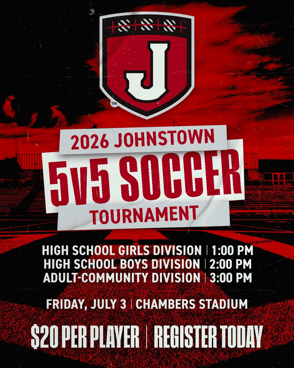 JohnstownMSOC's tweet photo. Kick off your July 3 holiday at the Johnstown Soccer 5v5 Tournament at Chambers Stadium! ⚽️

🕐 HS Girls: 1–2 PM
🕑 HS Boys: 2–3 PM
🕒 Adult/Community: 3–4 PM

Whether you’re a player, parent, alumni, or community member, come out for an afternoon of soccer, competition, and fun. https://t.co/UJRvR0ONNq