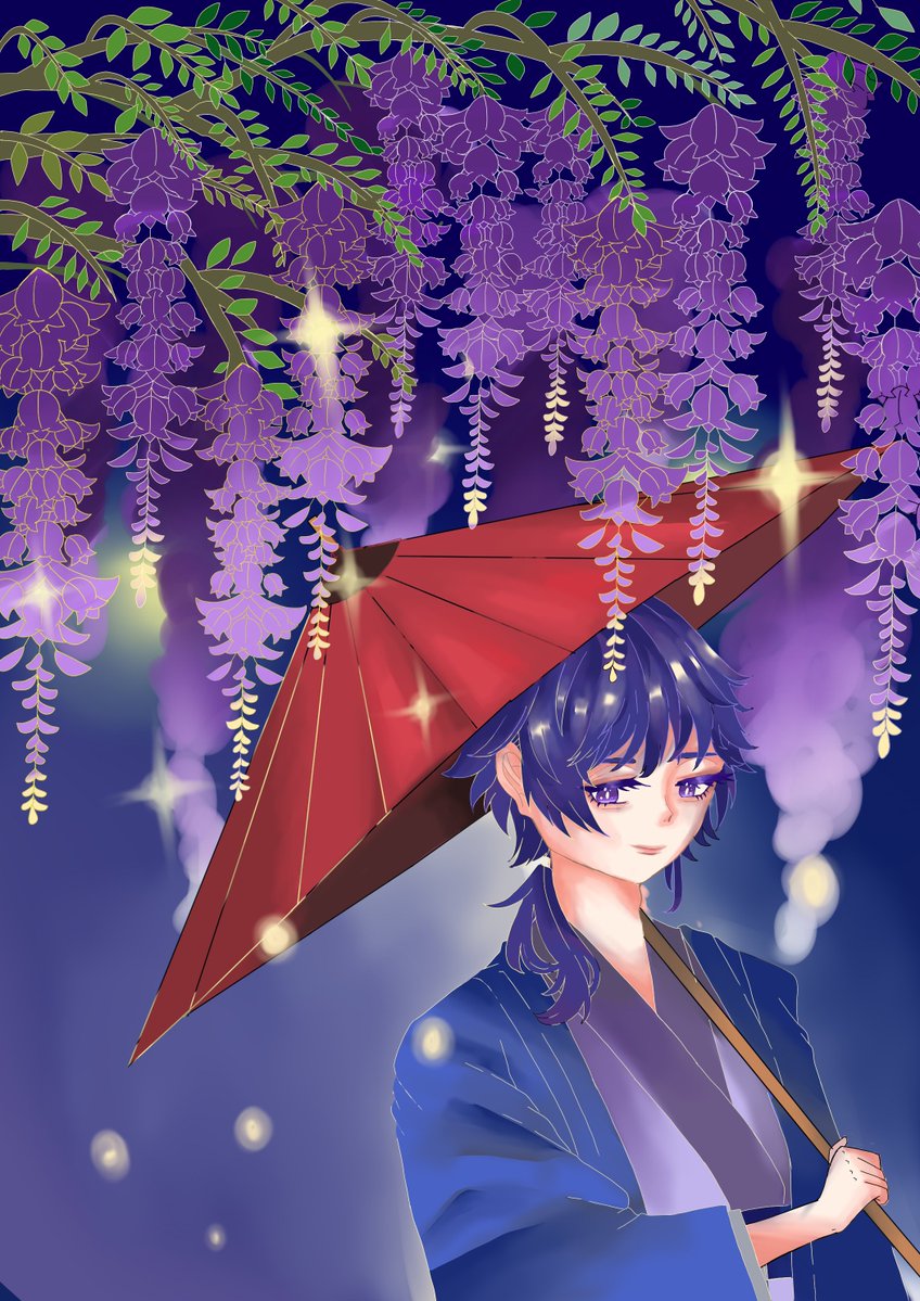 createrssc's tweet photo. おはようございます☀️sc横浜です   
メンバーさんのイラストをご紹介します！

藤の花と補色のキラキラエフェクトが素敵なイラストですね✨
藤の花に密度があることで、人物がより際立って見えますね🤗

素敵なイラストをありがとうございました！
#サブカルクリエイターズ横浜 #SCArt https://t.co/W0ysJdIm7G