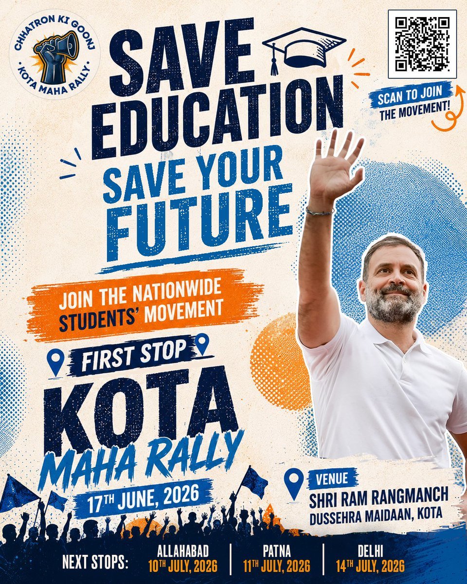 AaidanSwami's tweet photo. Rahul Gandhi Calls Students to Kota Rally On June 17
Save Education 
Save Your Future 

📍 Kota 
@VinodJakharIN @NSUIRajasthan
#ChhatronKiGoonj 
#NEET #CBSE #UPSC 
#KotaMahaRally https://t.co/KCE89OPMkv