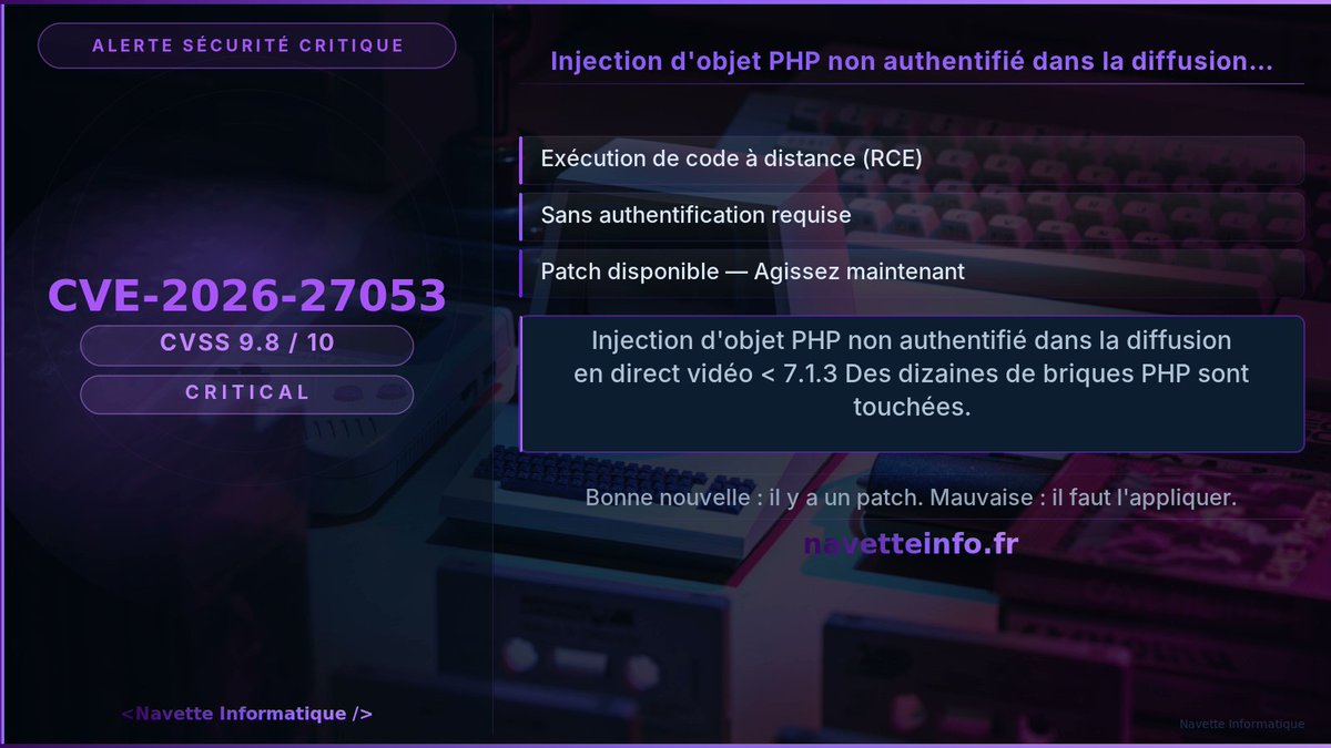 NavetteInfo's tweet photo. 🔴 CVE-2026-27053 — CVSS 9.8
Unauthenticated PHP Object Injection in Broadcast Live Video < 7.1.3 versions.

https://t.co/rmR0LDIMWV https://t.co/59HMaaWEHD