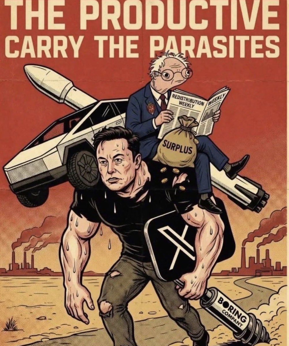 atensnut's tweet photo. 🎯 🎯 🎯 

I have no idea who did this but it’s perfect.  

Elon carrying the weight of millionaires like  Bernie Sanders. https://t.co/e4sV28r7oI