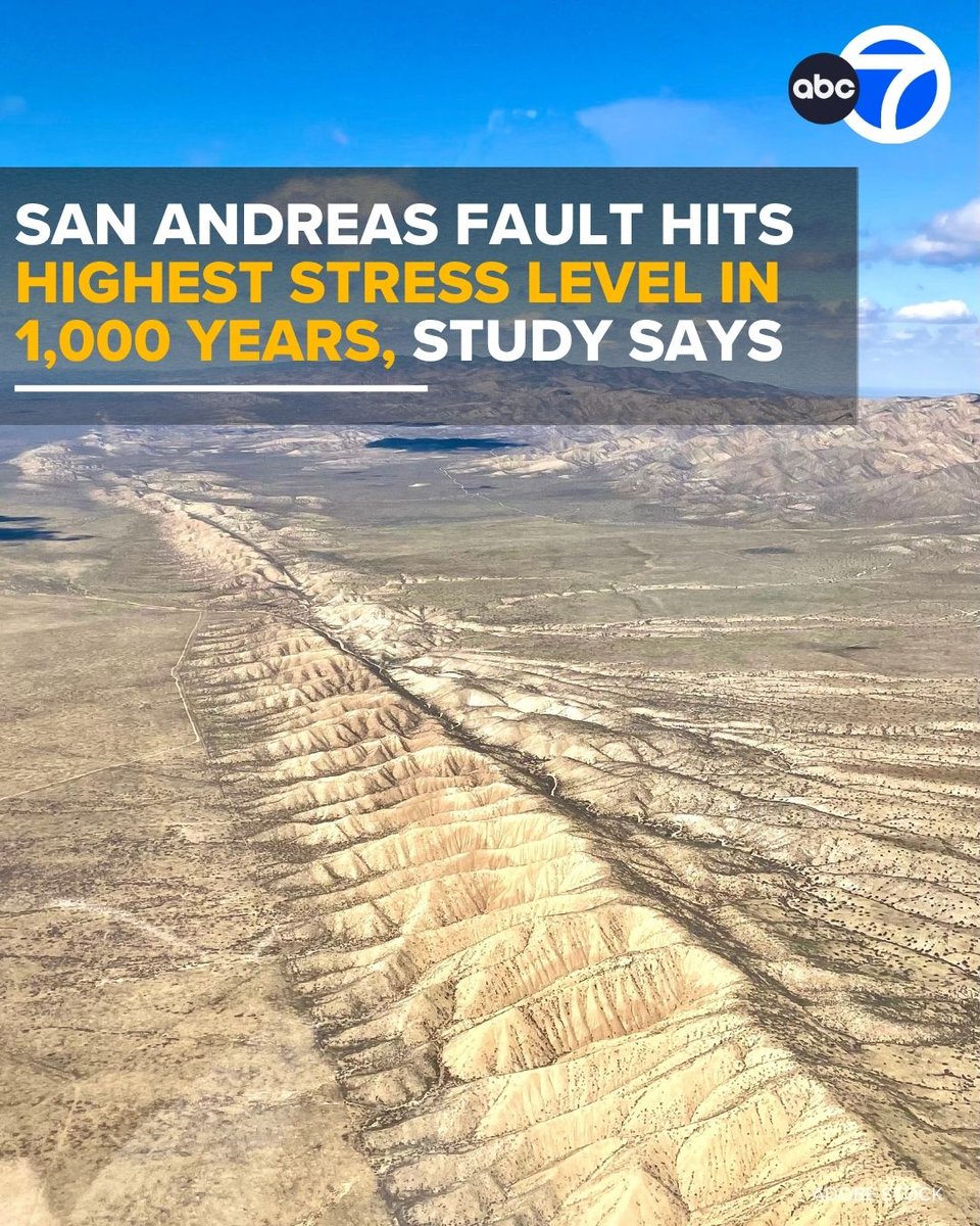 ABC7's tweet photo. Stress along the San Andreas and San Jacinto faults in SoCal has reached the highest levels in 1,000 years, according to new research.

The study found that stress normally released in large earthquakes has continued to grow up to unprecedented levels. It also found that the Cajon Pass could cause a joint rupture of both faults simultaneously.  https://t.co/Q8ZRQ0Zclu