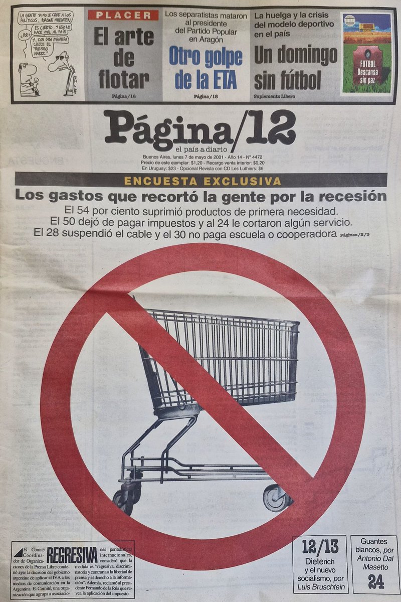 lopezsclauzero's tweet photo. 📰 7 de mayo de 2001 🗞
Lo encontré limpiando mi oficina. 25 años después, mismos problemas 👇🏻
"Los gastos que recortó la gente...". El 50% dejó de pagar impuestos y recortó gastos. El 28% suspendió el cable. El 30% ya no paga la escuela de sus hijos. Un 24% redujo servicios. https://t.co/LcIqbDjC4m