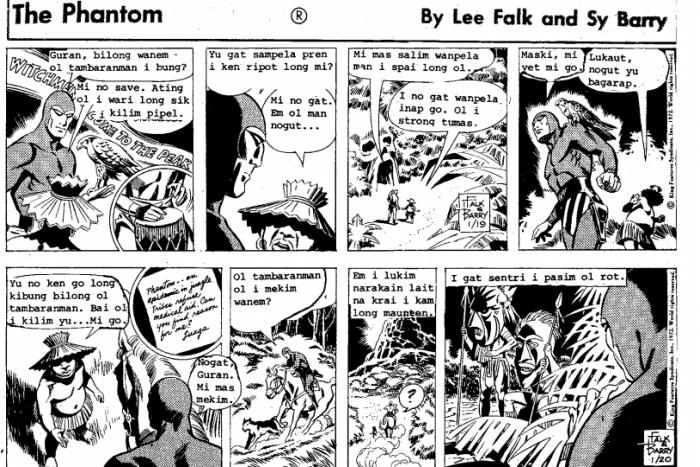 SikotiHamiltonR's tweet photo. 1/2 In the 1970s some Papua New Guinea papers &amp; periodicals began to run Phantom comic strips translated into Tok Pisin, the national Creole. It was a change for town-dwelling lowlanders to discover a character who had already taken on a sacred aura in the Highlands. https://t.co/1SU4sNBpfX