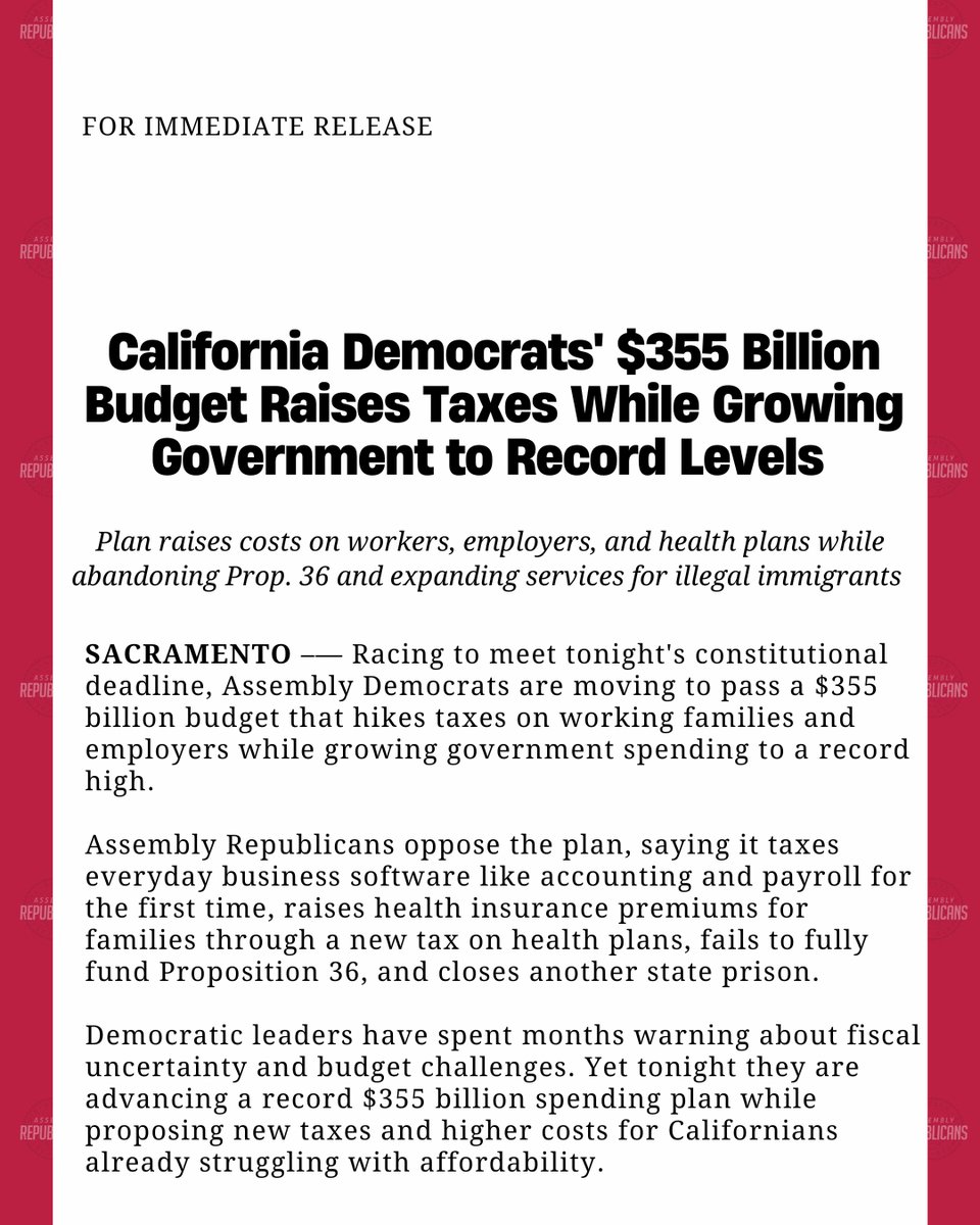 AsmRepublicans's tweet photo. California Democrats' $355 Billion Budget Raises Taxes While Growing Government to Record Levels👇 https://t.co/0roVZxJQP4