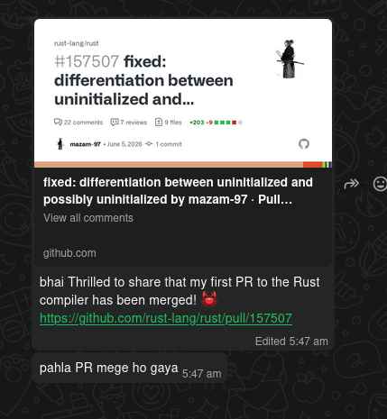 pandeygsundaram's tweet photo. congratulations @mazam06 
for first pr merge in rust compiler
keep going ser 🚀🚀🫡

https://t.co/uU3pfWoCKh https://t.co/ipLoMaRoYV