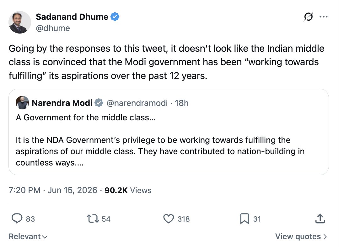 Fintech03's tweet photo. If elections were held on X, India would have a different Prime Minister every 3 months & every policy would be a historic landslide/a catastrophic failure depending on who trended that morning.

Time & again, Indian voters have humbled the "pundits" who rely on digital metrics. The Indian voter is notoriously tactical & deeply silent. They might consume global social media, but when they stand in front of the EVM, their decision-making matrix is based on hyper-local, material realities:

- Did the tap water actually arrive under the Jal Jeevan Mission?
- Is the local highway boosting my shop's footfall?
- How much am I paying for gas vs. how secure do I feel in my city?

When the election results drop, these foreign-based analysts are left scratching their heads, writing long essays about unexpected outcomes, simply because they forgot that the millions of people who lined up in 45 degrees C heat to vote do not have an X premium account.