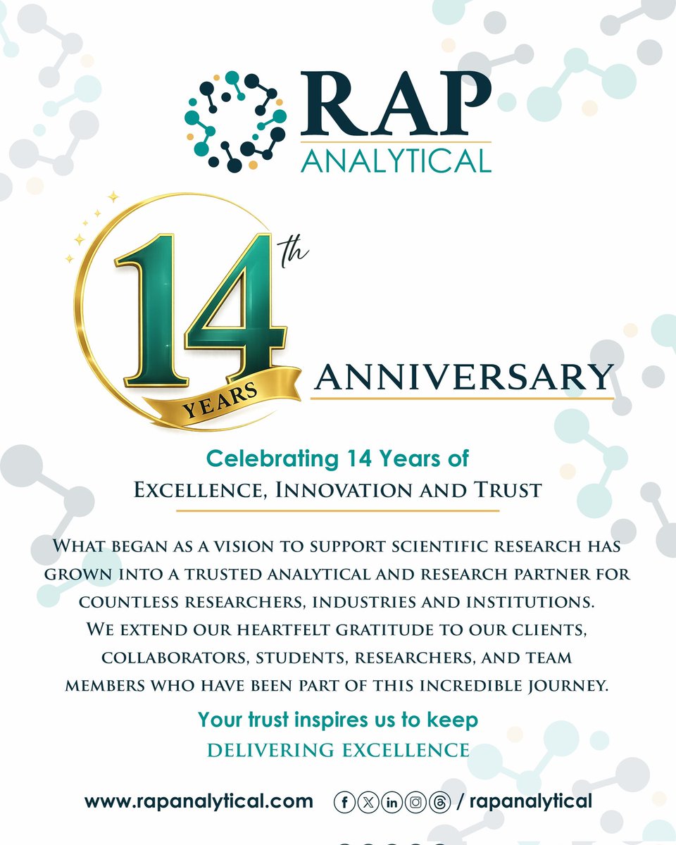 RAPAnalytical's tweet photo. As we celebrate 🎉🎉14 years of RAP Analytical, I look back with immense pride on a journey built on dedication, scientific integrity, continuous learning, and meaningful collaborations.🤝🤝 https://t.co/L3eN8mK6Ja
