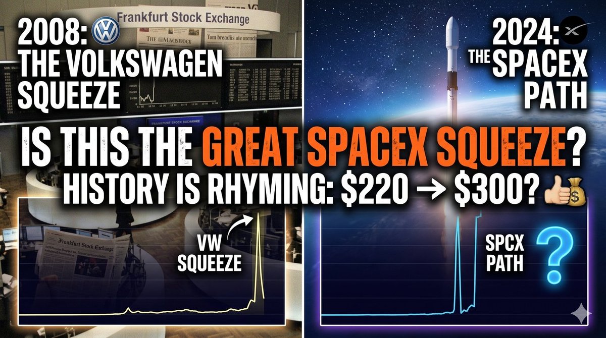 NextHotPick's tweet photo. History is rhyming. $SPCX is printing $220s and replicating the exact structural blueprint of the 2008 Volkswagen Short Squeeze. 🧵👇Tiny 3% float + massive political "hate shorting" = an absolute margin-call bloodbath for the bears. Next stop: $300. https://t.co/xTrU8KFFFM