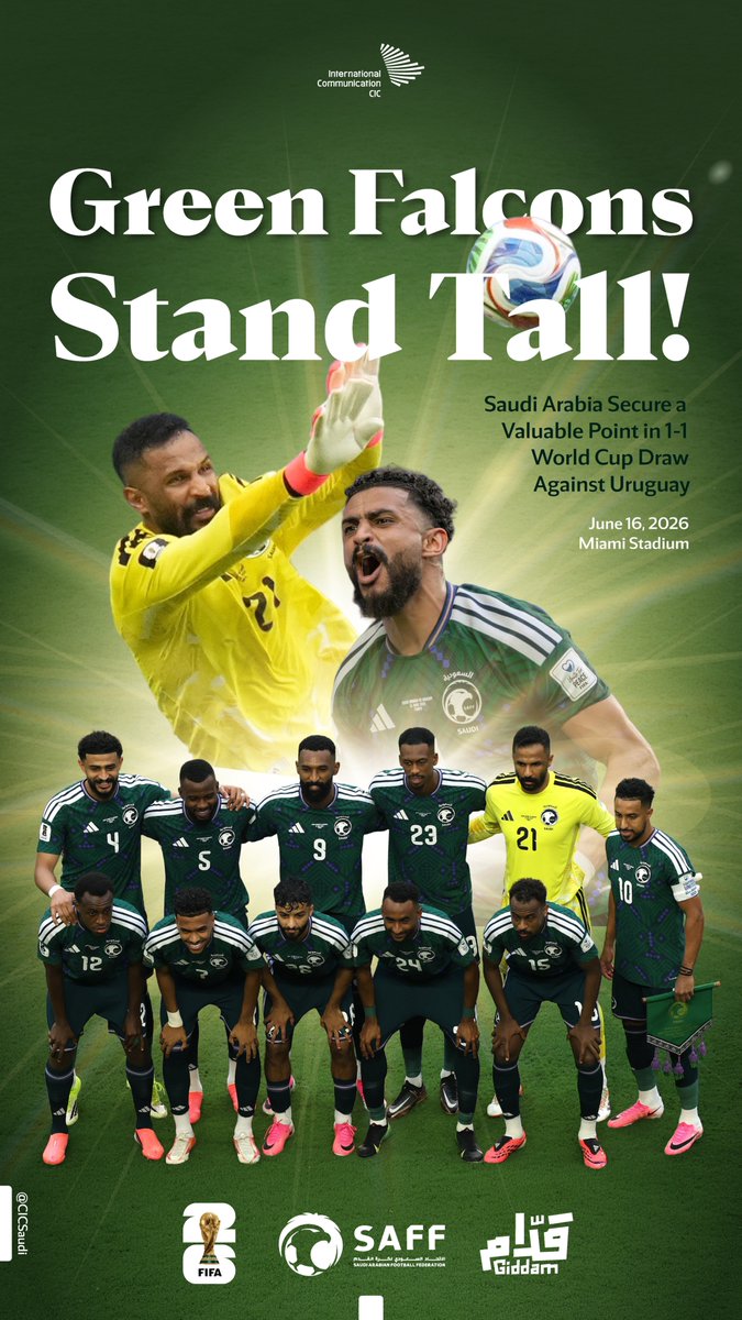 CICSaudi's tweet photo. Saudi Arabia secure their first point in their opening FIFA World Cup 2026 match. A proud start! https://t.co/3dboq70tmk