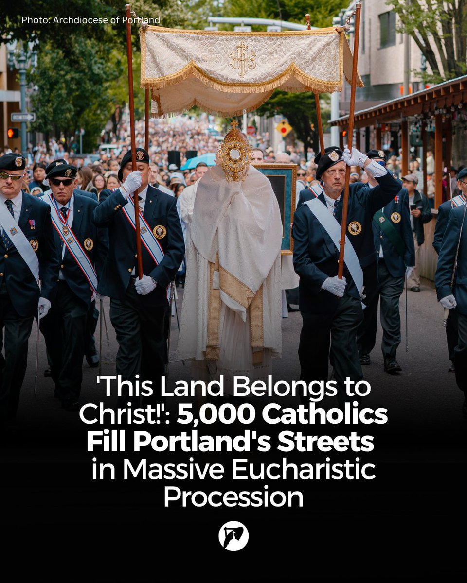 Church_POP's tweet photo. More than 5,000 Catholics representing a wide array of ethnic communities gathered on June 7 to accompany the Blessed Sacrament through Portland, Oregon—one of America's least religious cities—in a public act of devotion and a witness to the Church's perennial faith in the Real Presence of Jesus Christ in the Holy Eucharist.

Preaching before the procession, Portland's Archbishop Alexander K. Sample emphasized Christ's kingship and the Church's mission to bring Him to the world. 

Recalling a solemn rite he had celebrated only days earlier, the archbishop said:

"I told the ancient enemy, Satan, that this land does not belong to him. It belongs to Christ. And today we will take Jesus and proclaim Him our King. He is the Lord, the sovereign above all governments, and His kingdom we proclaim. As we carry Him through the streets, it symbolizes our call to bring Jesus to the people of our communities."

The Feast of Corpus Christi was also chosen by the archbishop for the consecration of western Oregon to the Sacred Heart of Jesus, in union with the U.S. bishops' decision to consecrate the nation during the observance of America's 250th anniversary.

During the Mass at St. Mary's Cathedral, Archbishop Sample consecrated western Oregon and its missionary renewal to the Sacred Heart of Jesus, entrusting to Him the renewal and unity of priests, the strengthening of Catholic education and faith formation, and the renewal of parishes through evangelization and care for the poor.

Joining the archbishop for the celebration were Portland’s Auxiliary Bishop Peter Smith, more than 50 priests and deacons, dozens of religious brothers and sisters, and 150 altar servers.

The 2026 celebration marked only the second year that the cathedral parish's Corpus Christi procession had been organized as a wider archdiocesan event. More than 3,000 faithful participated in last year's procession during the Jubilee Year of Hope, helping reestablish the celebration as an annual gathering for Catholics throughout the Portland metropolitan area and beyond.

More at: https://t.co/D46B2rXreZ