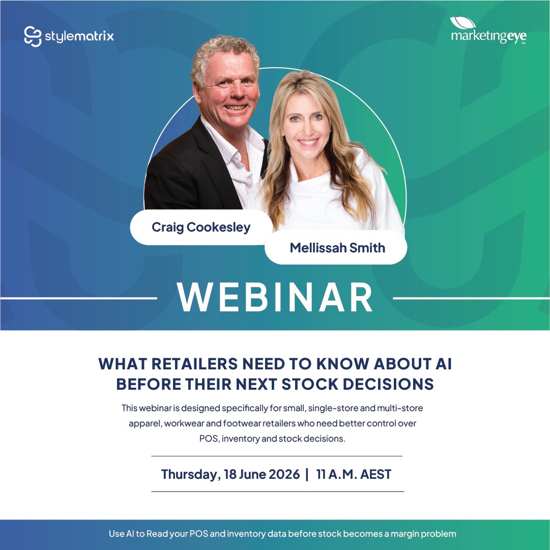 Stylematrixau's tweet photo. How much of what's on your rack right now will never sell at full price?

This Thursday 11am, Register Now, every signup gets the full session to watch back, free.

Know exactly which stock to clear before EOFY.

https://t.co/WVoPaJ2XyK
#EOFY #AusRetail #RetailTech https://t.co/nnC3eJ29ik
