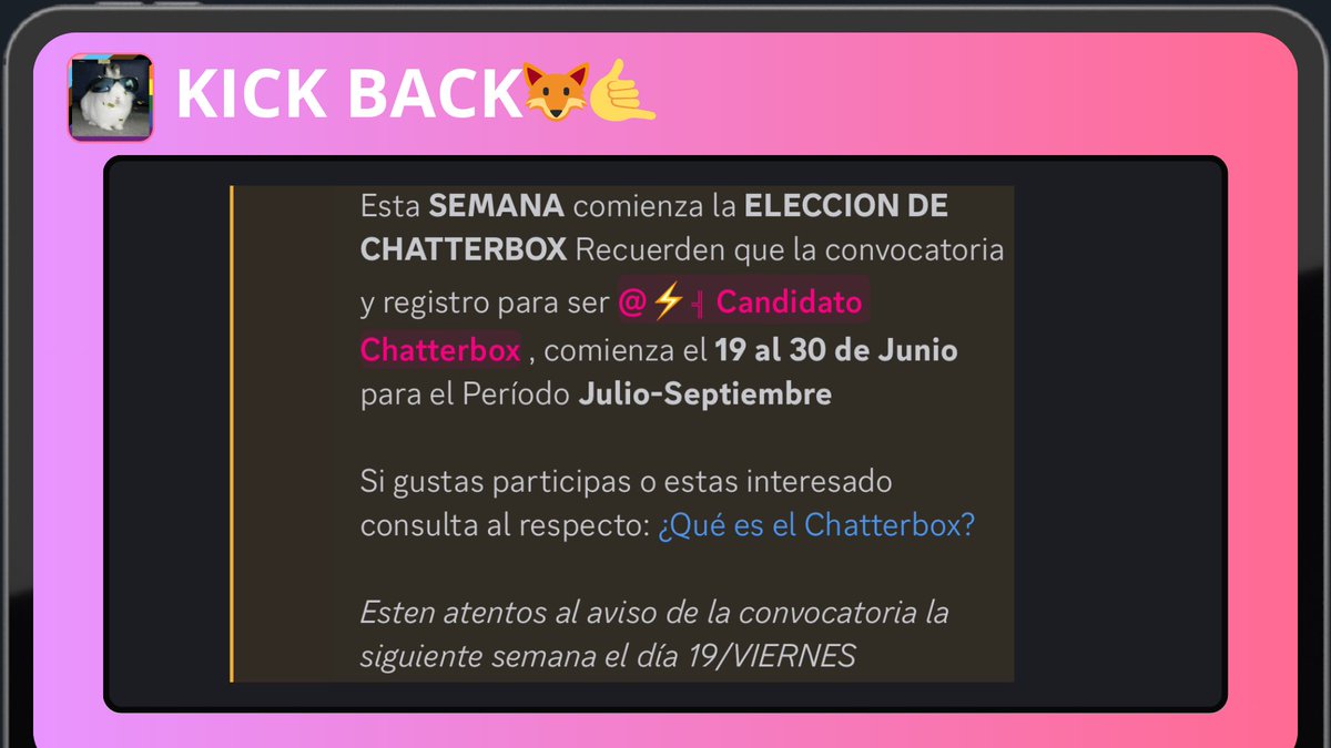 KickBackOficial's tweet photo. 💟 ¡ESTA SEMANA abrimos la ELECCIÓN DE CHATTERBOX!  
Más info el Viernes 19, estén muy atentos 👀  

🔗https://t.co/TzB7d6xiRe 
#FurryES #furryfandom #Discord https://t.co/bxTru5f3ci