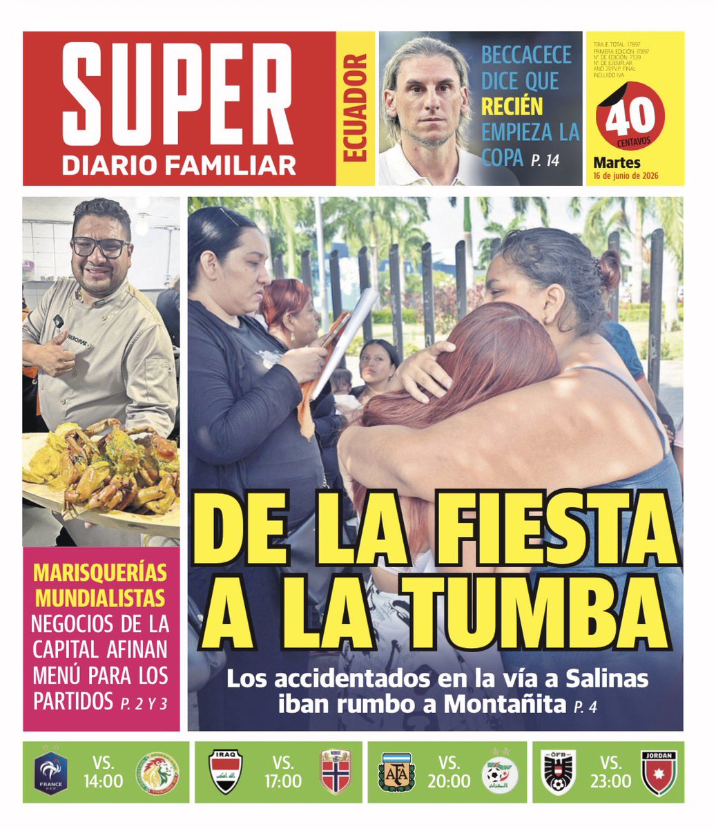 Diario_Super's tweet photo. ¡Buenas noches, lectores! 🌒

Estas son las portadas de #DiarioSuper 📰 #Ecuador   y #Península 🏖️ para mañana, martes 16 de junio de 2026. 

Adquiere tu ejemplar 🗞️ https://t.co/YtuTenLZGw