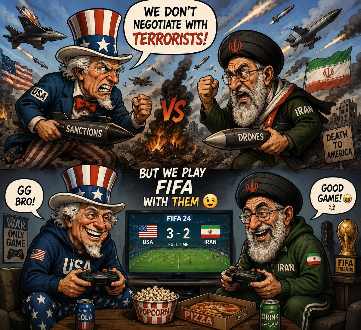 RealBharatTalk's tweet photo. US to Iran: We don’t negotiate with terrorists!
Same US five minutes later: GG bro, another round of FIFA? Pass the pizza 🍕⚽
Peak American foreign policy sanctions by day, friendly 3-2 thrashing by night.
Hypocrisy never looked this entertaining. 😂
#FIFA24 #USAIran #FIFA #IranVsUSA #Geopolitics #DoubleStandards #FootballMemes #Sanctions #MiddleEast #WorldCupVibes