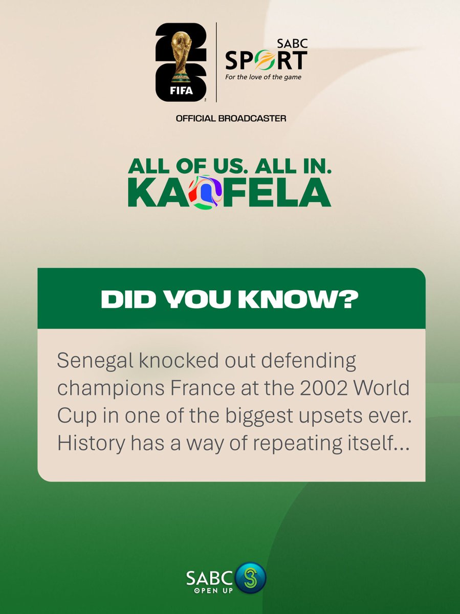 SABC3's tweet photo. #FIFAWC2026 ⚽🏆

Did you know? Senegal knocked out defending champions France at the 2002 World Cup. History has a way of repeating itself… do you agree?

Watch Senegal vs France LIVE now on S3 &amp; SABC Plus.

#FIFAWorldCup #AllOfUsAllInKaofela #S3OpenUp https://t.co/gLsIcpn78d