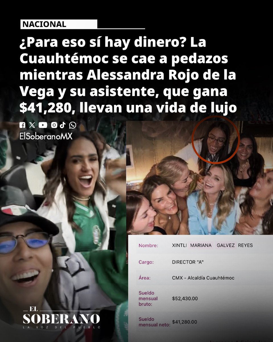 ElSoberanoMX's tweet photo. #Nacional 🔴 ¿Para eso sí hay dinero? La Cuauhtémoc se cae a pedazos mientras Alessandra Rojo de la Vega y su asistente, que gana $41,280, llevan una vida de lujo

Tenis de 18 mil pesos, fiestas con "La gaviota", y boletos de 250 mil pesos, esto y más es lo que presume la directora de @AlessandraRdlv en redes, ¿Y la Cuauhtémoc?, abandonada.

Más aquí: https://t.co/LTfrjGHG0d