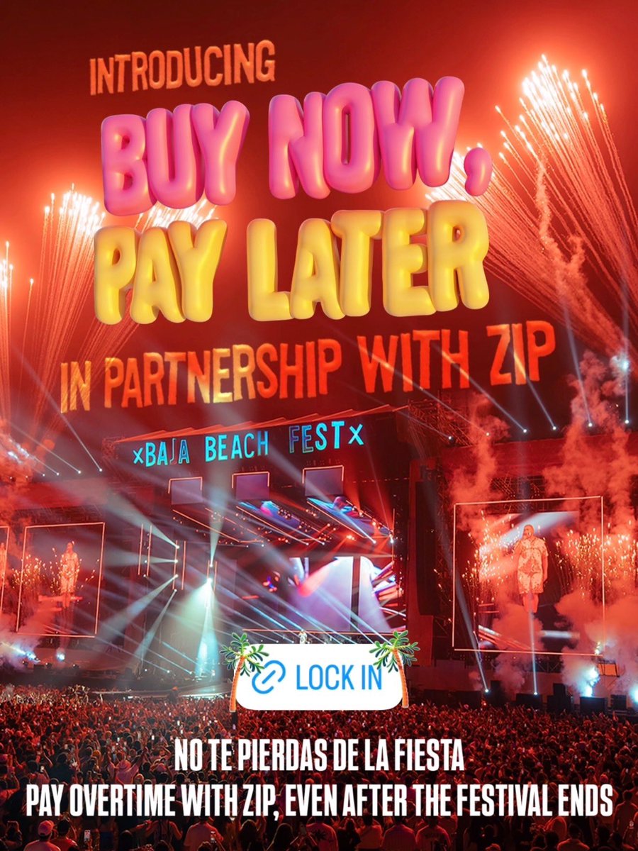 Baja_FanUpdates's tweet photo. New payment plan available with zip @BajaBeachFest 
#bajabeachfest #mexico #keniaos #festival #johnsummit #deorro #3BALLMTY https://t.co/ZM2h445bj3