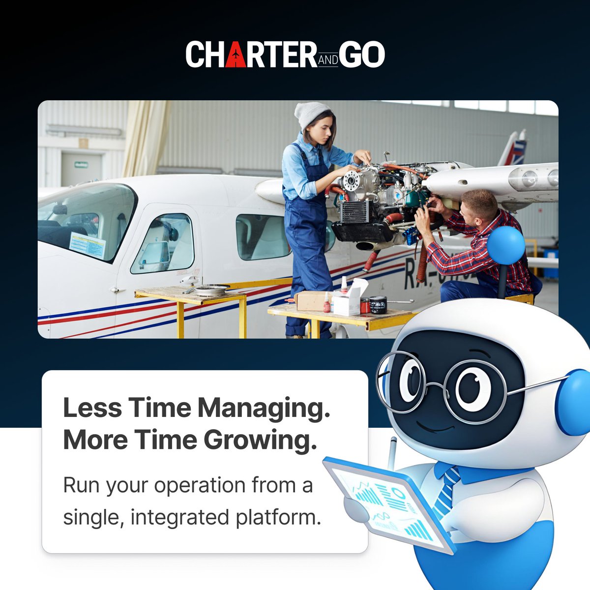 CharterAndGo's tweet photo. Less time managing. More time growing. ✈️

CRS, DCS, crew, maintenance, CRM, and on-demand operations—all in one integrated platform built for Part 135 &amp; 121 operators.

#Aviation #Part135 #Part121 #FlightOps https://t.co/jFkkDFgQ2i