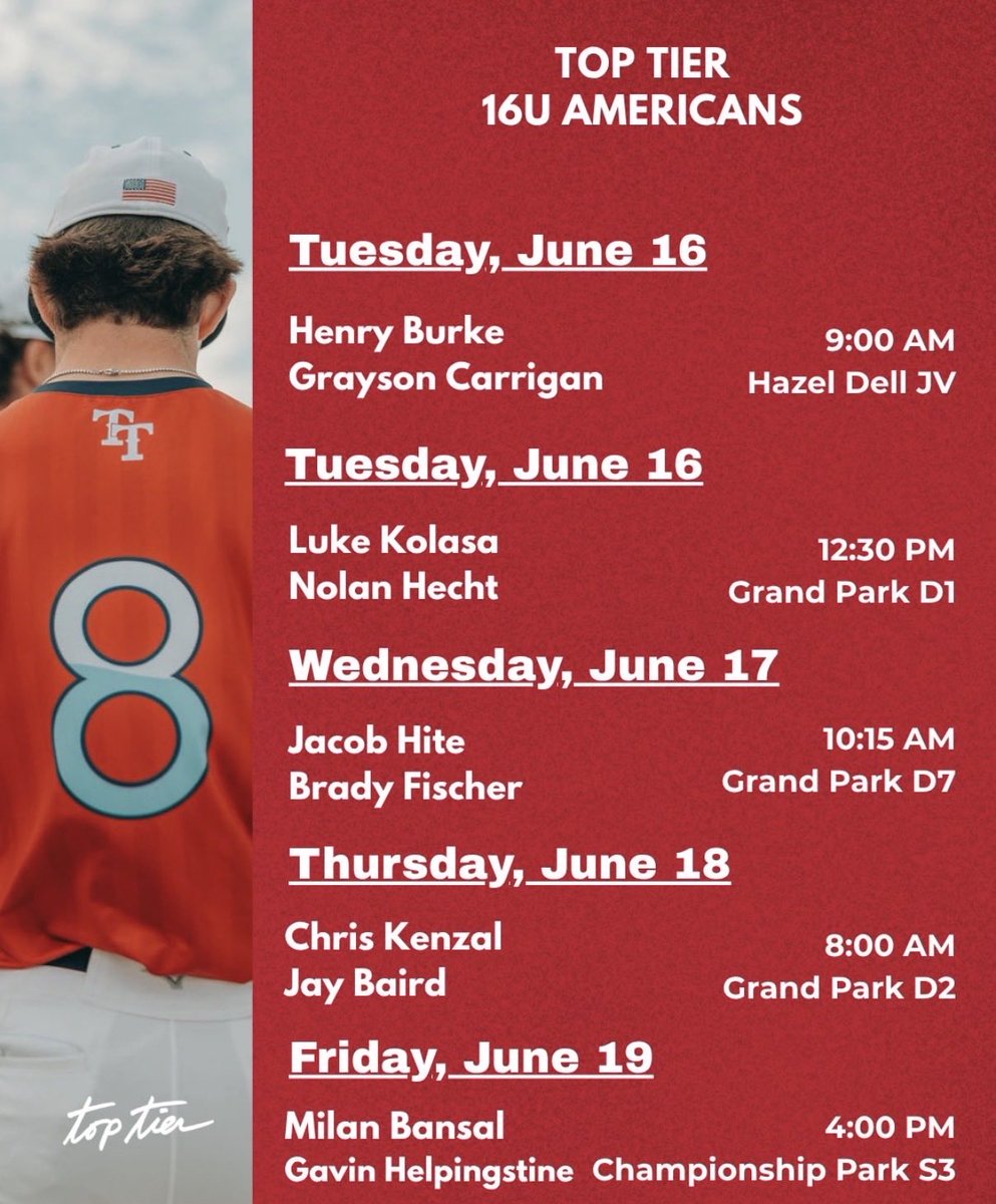 nbhecht12's tweet photo. Here’s my schedule for @TopTier_HQ Americans 2028 upcoming MPL 16U tourney along w/ the pitching rotation. Looking forward to swinging it and pitching against top talent. @TopTierNorth  @Bullpenevents @j_mundo2 @3PMPitching @FlatgroundBats @FlatgroundApp https://t.co/xVb7vbOOtB