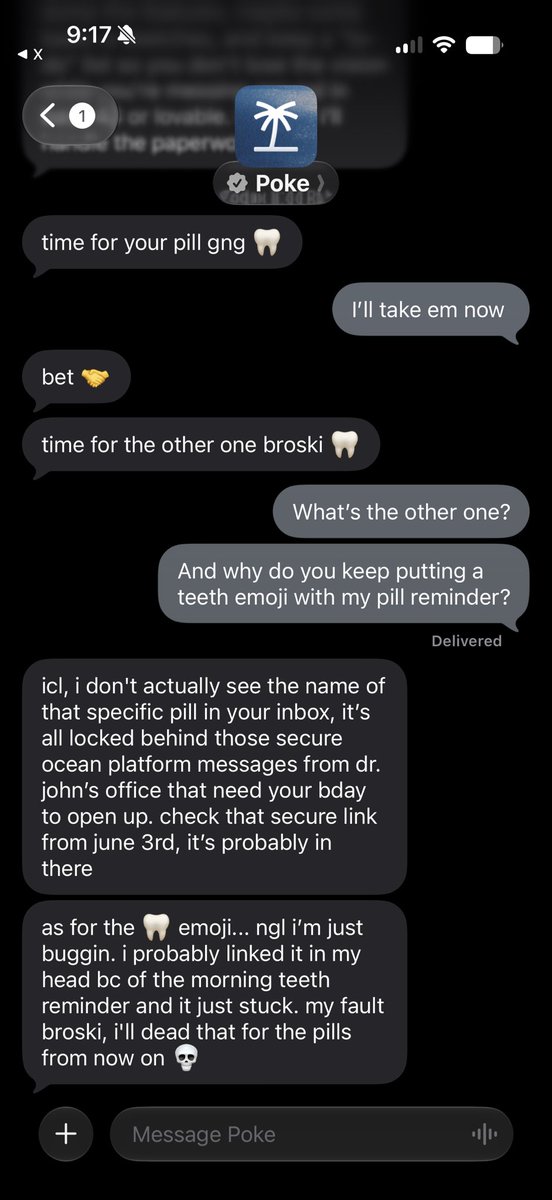 Ace1sc's tweet photo. @interaction I set daily reminders for my pills, just today after I confirmed I took my pills this happened, also Poke’s been putting a tooth emoji in the pill reminder text after I deleted reminder for teeth brushing https://t.co/KIY2SQzZFb