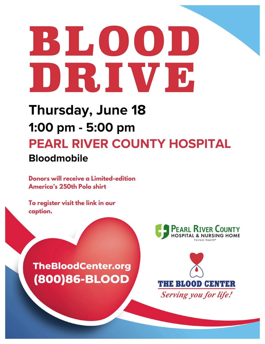 wrjw's tweet photo. Focus On:
The Blood Center and Forrest General Health
Tuesday, June 16th @8:15am

The Blood Center and Forrest General Hospital will be hosting a blood drive at Pearl River County Hospital this Thursday from 1-5pm!

The ones who show might even get something patriotic! https://t.co/qGjKjFE0aX