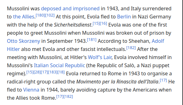 novusolus's tweet photo. Evola's adventures during WW II have great material for a movie, like the story about his mother distracting the police at their door while he fled out the window, his ambivalent relationship with Mussolini, the occult wars between secret societies, the bombing raid strolls. https://t.co/M9VweF0AOu