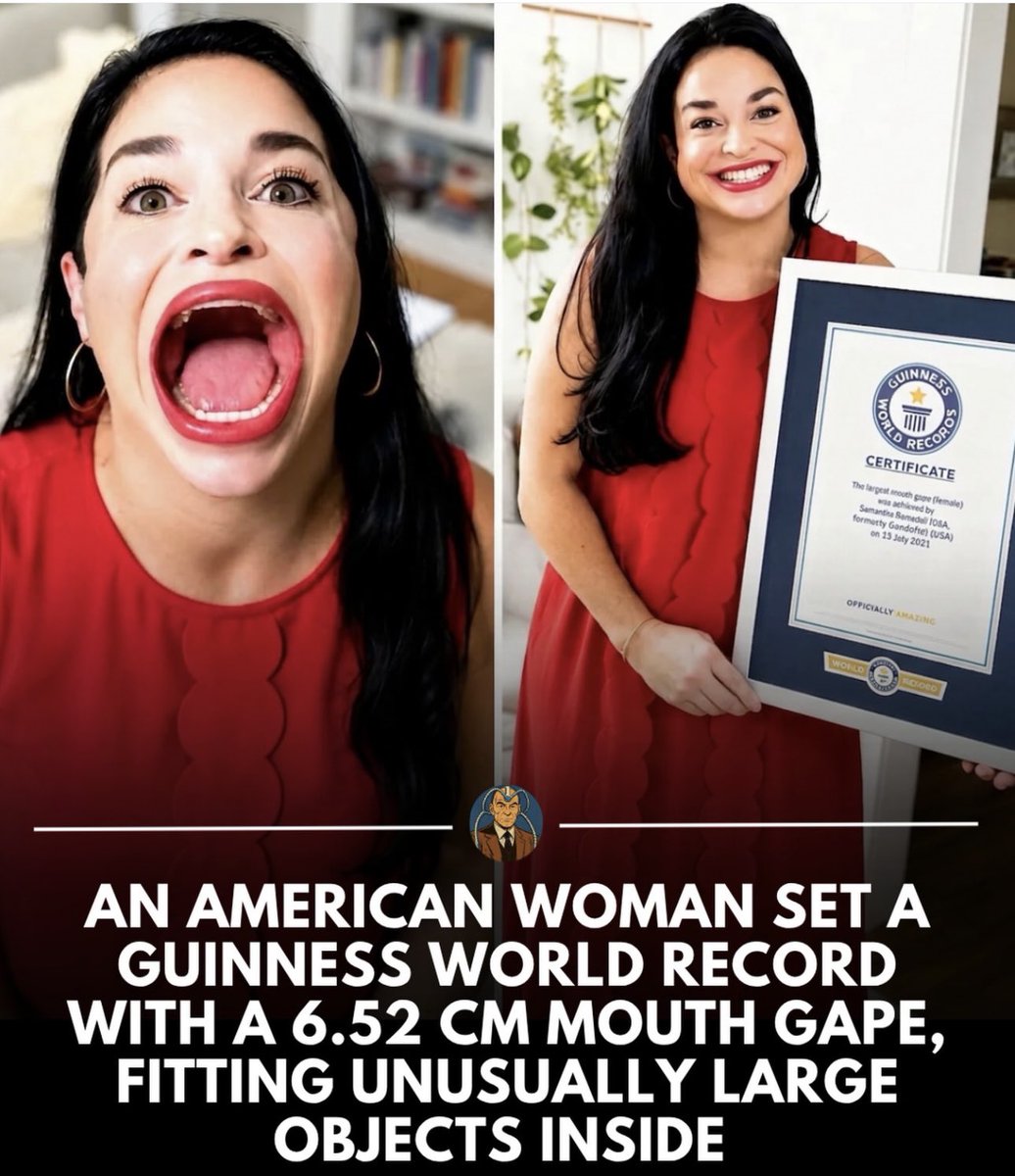 Mitchellzlim's tweet photo. Samantha Ramsdell from Connecticut has officially set a Guinness World Record for the largest mouth gape by a female, measuring 6.52 cm (2.56 inches).
The record was certified on July 15, 2021. Ramsdell gained international fame on TikTok for her ability to fit unusually large objects into her mouth, including full soda cans, entire burgers, and other oversized items.
She has also held the record for the widest mouth (side-to-side stretch) at 10.33 cm. Her viral videos showcasing her extraordinary jaw flexibility have captivated millions worldwide and drawn significant attention to this unusual Guinness category.