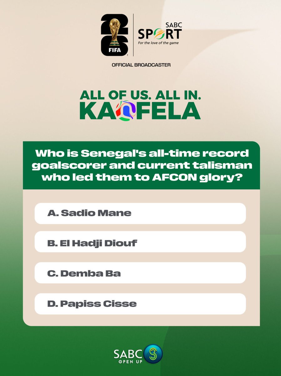 SABC3's tweet photo. #FIFAWC2026  ⚽🏆

Who is Senegal's all-time record goal scorer and current talisman who led them to AFCON glory?

Comment below.

#FIFAWorldCup #AllOfUsAllInKaofela #S3OpenUp https://t.co/izHbOhwGi6