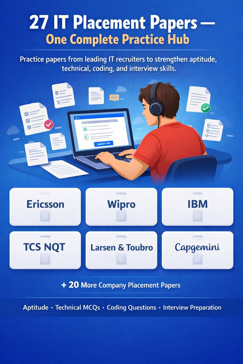 DishaHub's tweet photo. 27 IT Placement Papers – One practice hub for IT placements. Aptitude, coding &amp; interview prep from top recruiters like Wipro, IBM, TCS NQT, Ericsson, L&amp;T &amp; Capgemini. https://t.co/3TrAhB4KaJ
