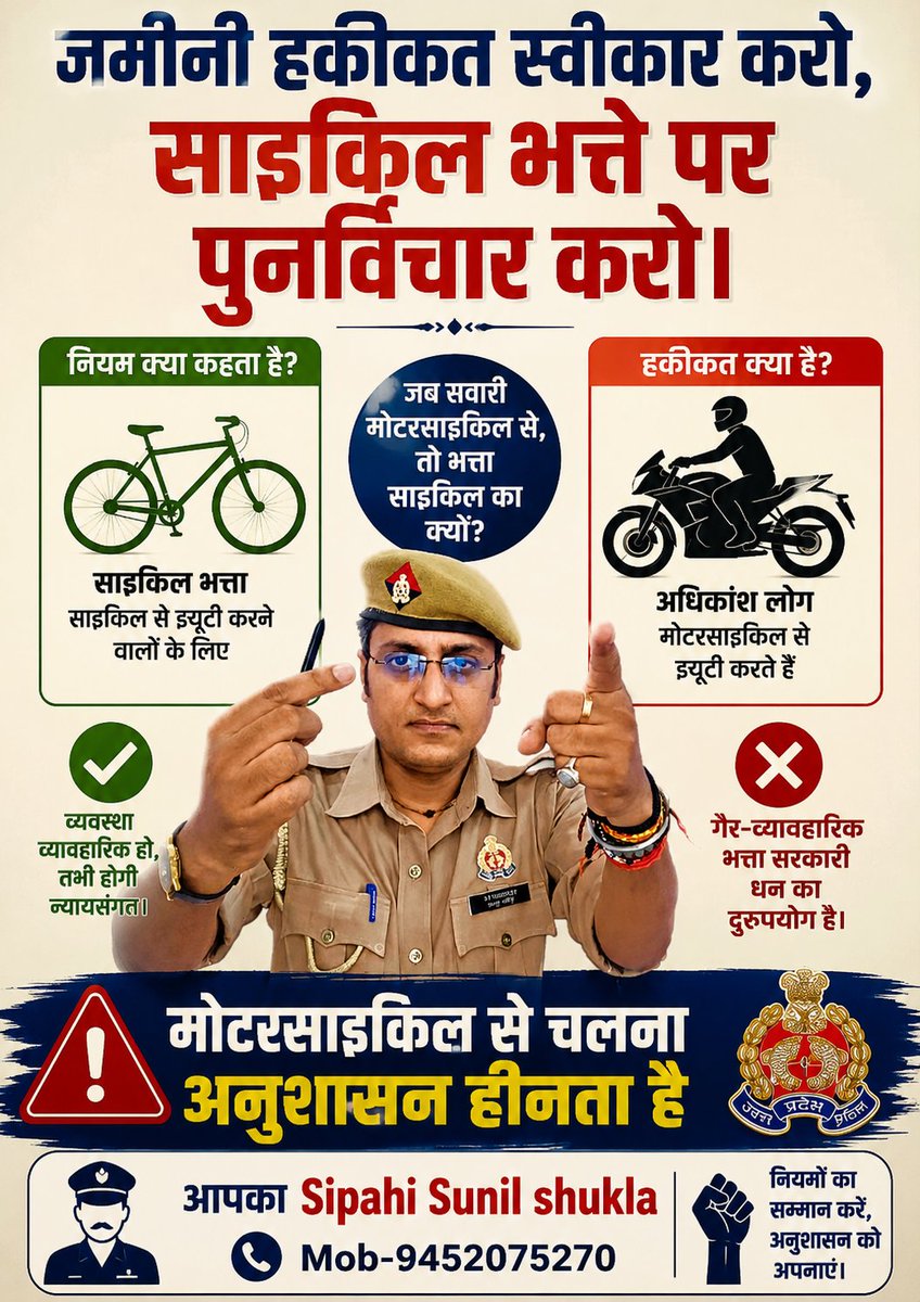 SunilShukl82761's tweet photo. सिपाही दीवान को साइकिल भत्ता मिलता है तो साइकिल से चलिए मोटरसाइकिल से चलना अनुशासनहीनता है l 
@Uppolice https://t.co/jLYiJlYCWx