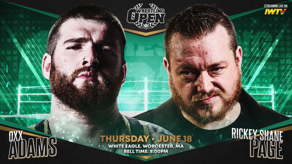 WrestlingOpen's tweet photo. BATTLE OF THE BIG MEN

@TheOxxAdams faces @RickeyShanePage!

With tensions brewing with their respective tag partners, will that heat spill over in this match?

Thursday in Worcester.

🎟️: https://t.co/hVrrUgmn1b
or $10 at the door!
📺: @indiewrestling https://t.co/NjvcHwNQLZ