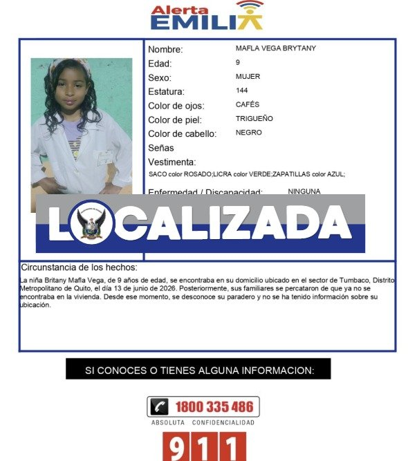 notimundoec's tweet photo. 🚨#AHORA | Brytany Mafla, la niña de nueve años reportada como desaparecida, fue localizada este lunes en Quevedo, Los Ríos. El paradero de la menor se desconocía desde el pasado 13 de junio, cuando vista por última vez en Quito. https://t.co/hgjR3C77wb