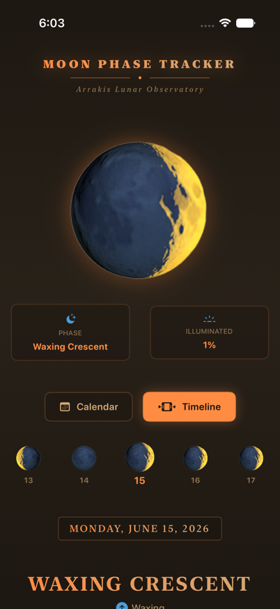 TommyLee's tweet photo. Had some fun updating my Dune-inspired Moon Phase tracker. Explored Xcode 27 beta and changed my algorithm-based moon phase calculations to using WeatherKit and moved from SVG rendered images to emoji-based rendering of moon phases. 🌔 https://t.co/ABUZiMgGgM