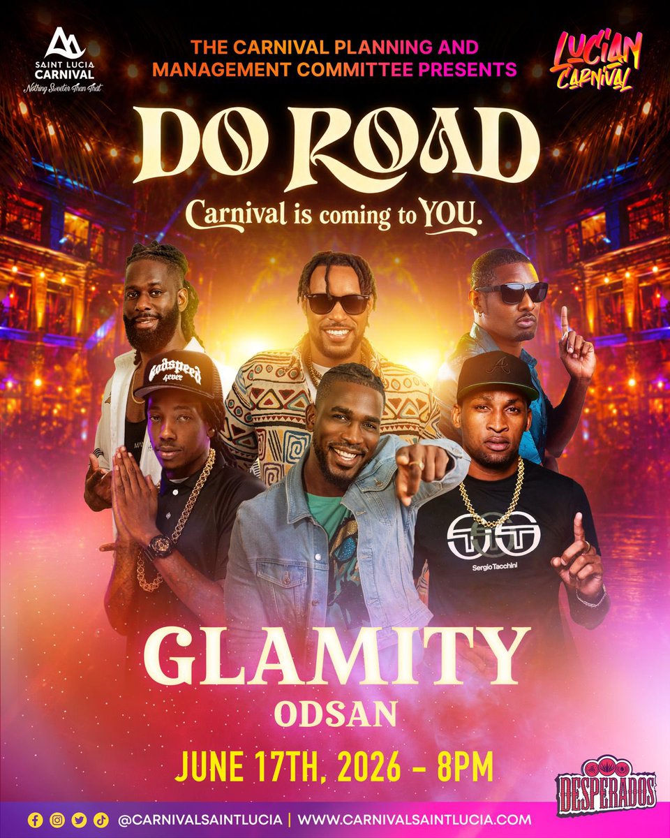 carnivalsaintlc's tweet photo. 🎭🔥 FINAL DO ROAD POP-UP! 🔥🎭

We’re wrapping up the Do Road series in true Lucian Carnival style, with energy, excitement, and a whole lot of vibes! 🎉

📍 Glamity, Odsan 
🗓 Wednesday, June 17th, 2026
⏰ 8:00 PM

🔥 Powered by Desperados @webrewvybz 

#luciancarnival26 https://t.co/aexez5PWa5