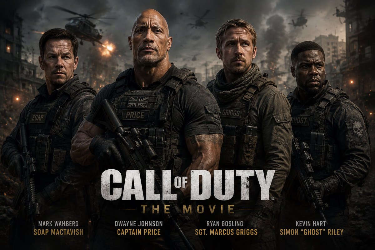 CoDClipped's tweet photo. 🚨 OFFICIAL Call of Duty Movie cast:

Captain Price - Dwayne The Rock Johnson
Soap MacTavish - Mark Wahlberg
Sgt. Marcus Griggs - Ryan Gosling
Simon Ghost Riley - Kevin Hart 

(Via @TheGhostOfHope) https://t.co/TxEbcmZHG5
