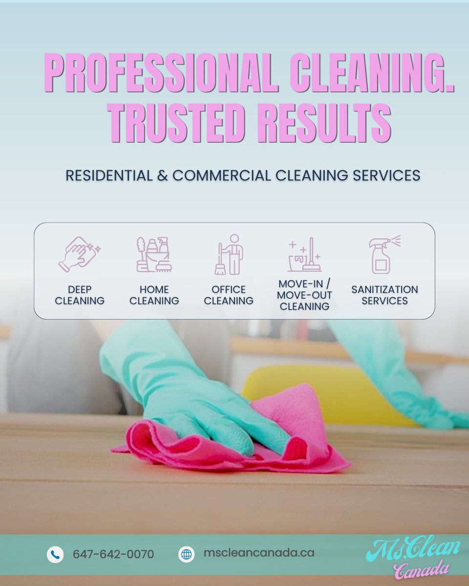 MsCleanCanada's tweet photo. Professional Cleaning. Trusted Results.

From homes to offices, our team delivers detailed cleaning services designed to keep your space looking its best. Clean, fresh, and cared for every visit. https://t.co/noq6W24MkI