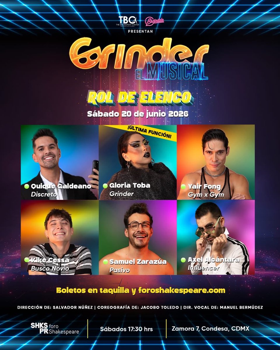 GrinderMexico's tweet photo. 🚨 ÚLTIMA CONEXIÓN 🚨 ATENCIÓN: este sábado, @gloriatoba  se despide de Grinder.

💚 Si no la has visto, esta es tu oportunidad.

📍 Foro Shakespeare, sábado 17:30 hrs
🎟 Boletos en: https://t.co/wKWBzq6mTS

#grinderelmusical #cartelera #teatrogay #musical https://t.co/guY0vNTeer